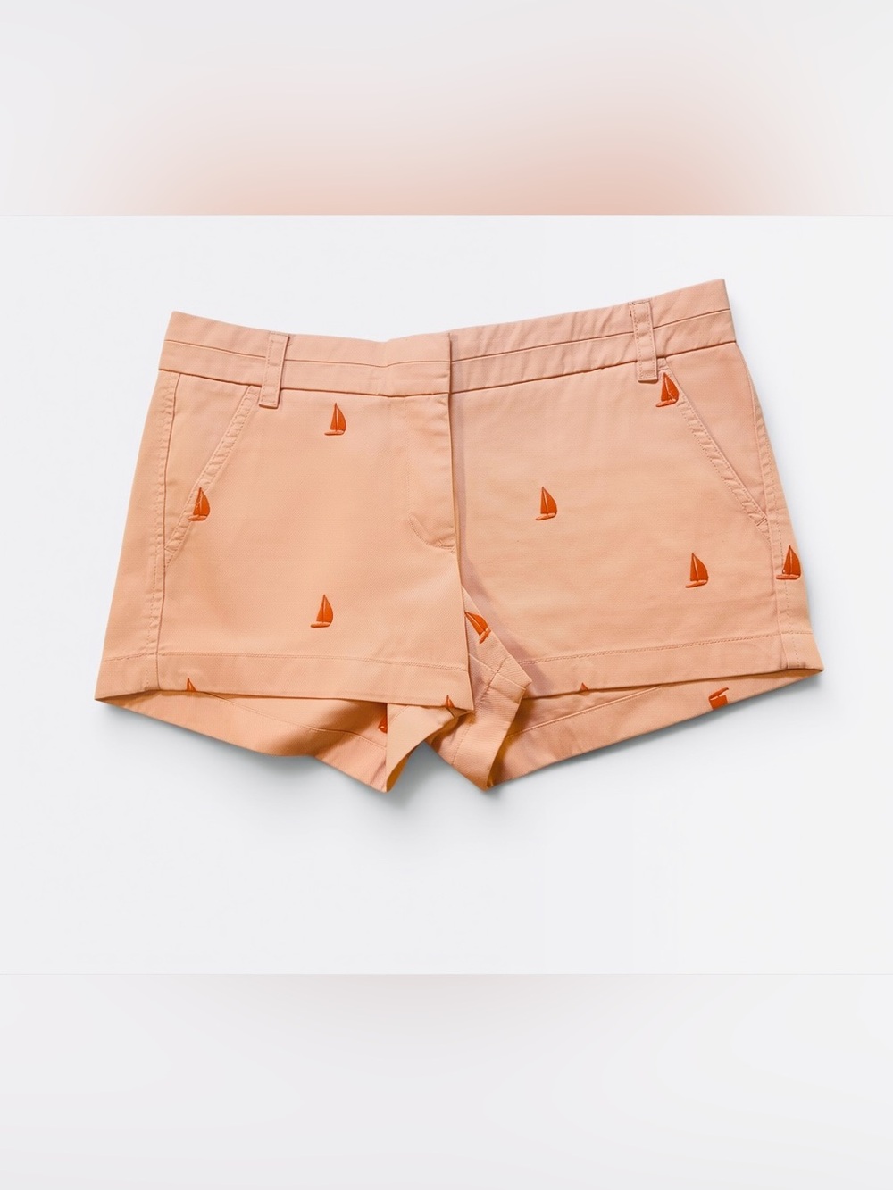 J Crew Broken In Chino Shorts 100% Cotton Size  8 Peach Sailboats Embroidered